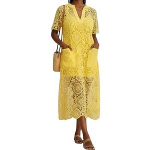 #A081  Nancy Romantic Yellow Lace Dress  Embroidered Sheer Overlay NWT L